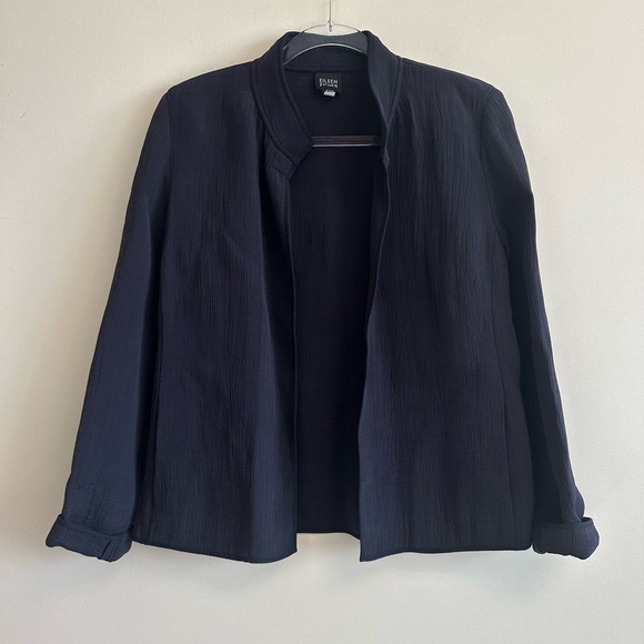 Eileen Fisher Navy Open Front Collared Blazer Cardigan Crepe Silk Size Small - Picture 2 of 8